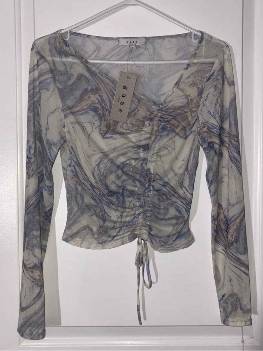 gaze Marble-Print Ruched V-Neck Long Sleeve Top - Blue, Gray, Cream